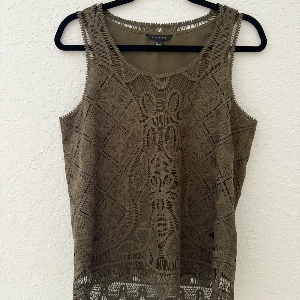 Caslon Khaki Crochet Tank Top